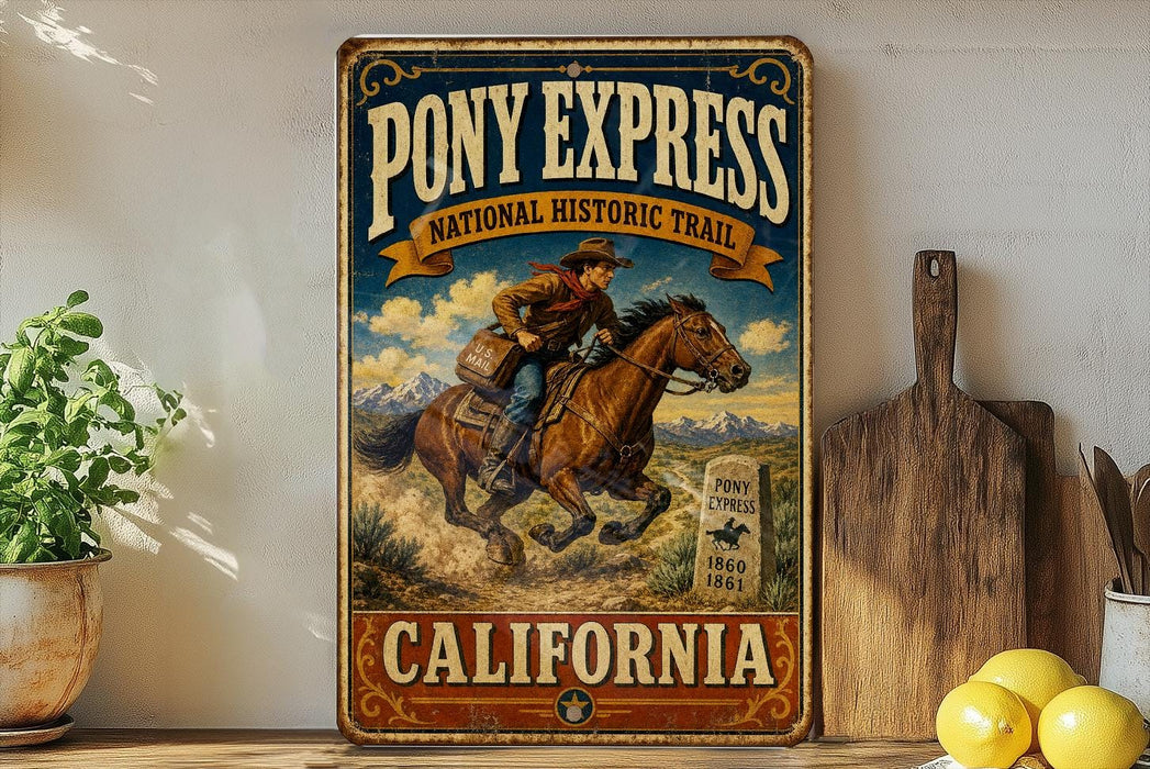 A vintage-style sign for Pony Express National Historic Trail in California, featuring a cowboy riding a horse.