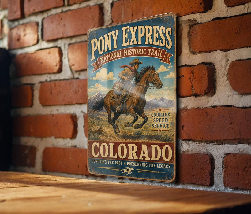 A vintage-style sign for Pony Express National Historic Trail in Colorado, featuring a cowboy riding a horse.