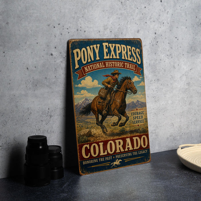 A vintage-style metal sign for Pony Express National Historic Trail in Colorado, featuring a cowboy riding a horse.