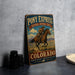 A vintage-style metal sign for Pony Express National Historic Trail in Colorado, featuring a cowboy riding a horse.