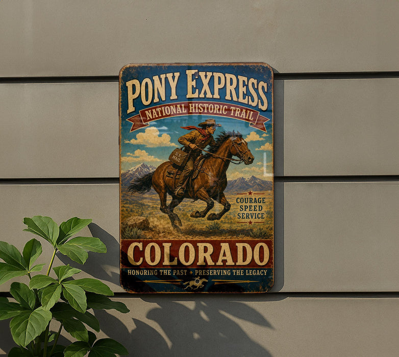 A vintage-style metal sign for Pony Express National Historic Trail, featuring a cowboy riding a horse in a desert landscape.