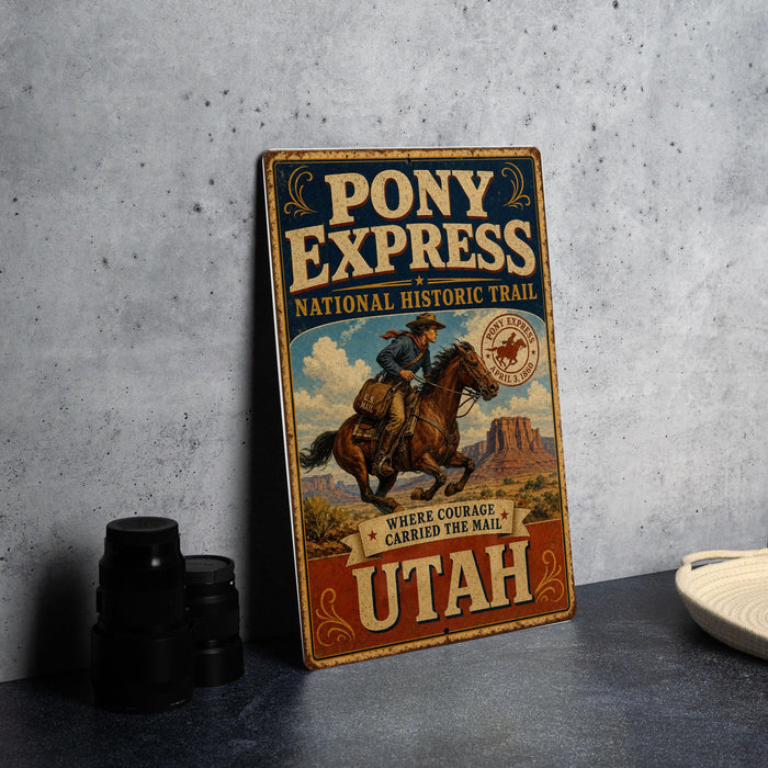 A vintage-style metal sign for Pony Express National Historic Trail, featuring a cowboy riding a horse and the text "Where courage carried the mail" and "UTAH".