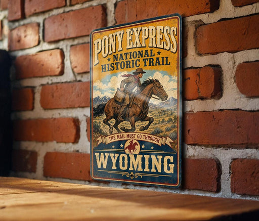A vintage-style metal sign for Pony Express National Historic Trail in Wyoming, featuring a cowboy riding a horse.