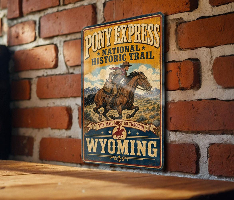 A vintage-style metal sign for Pony Express National Historic Trail in Wyoming, featuring a cowboy riding a horse.