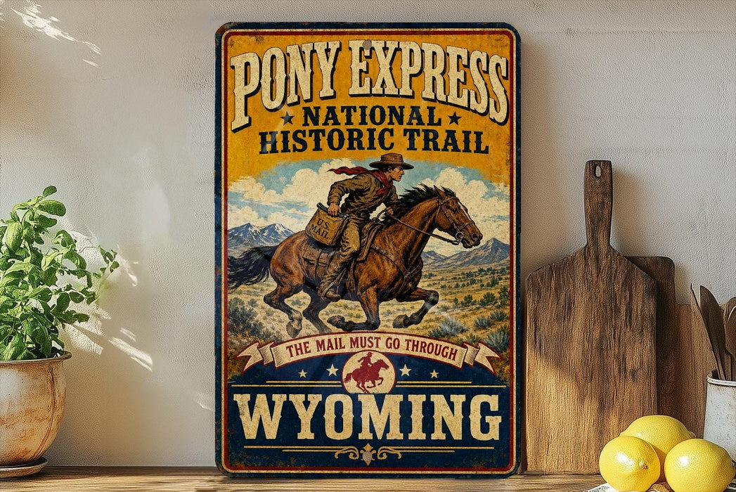 A vintage-style metal sign advertising Pony Express National Historic Trail, featuring a cowboy riding a horse and the text "The mail must go through Wyoming".