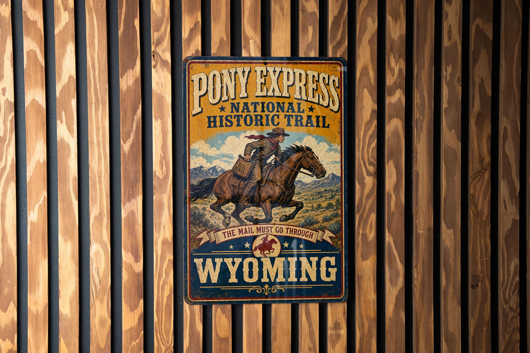 A vintage-style metal sign for Pony Express National Historic Trail, featuring a cowboy riding a horse, mounted on a wooden wall.