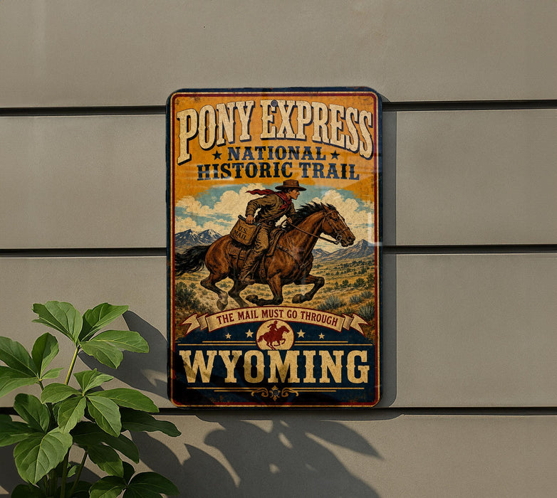 A vintage-style metal sign for Pony Express National Historic Trail, featuring a cowboy riding a horse and the text "The mail must go through WYOMING".