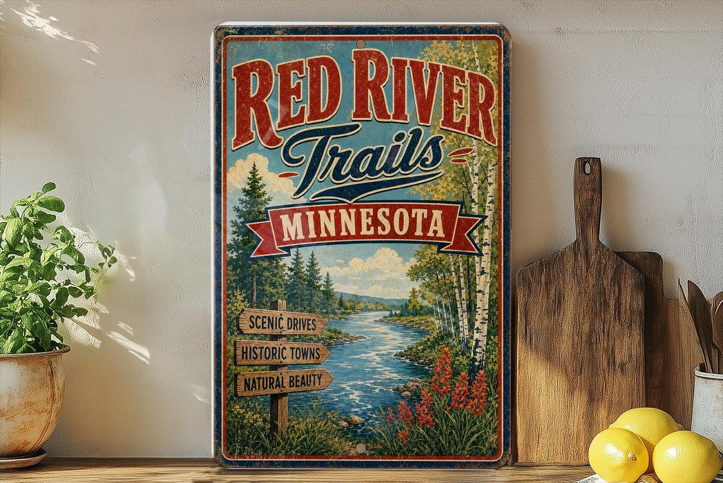 A vintage-style sign for the Red River Trail in Minnesota, featuring a scenic river and forest landscape.