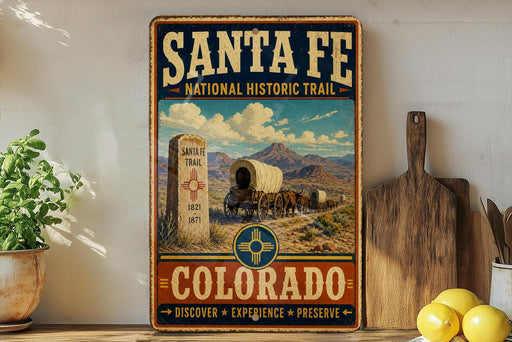 A vintage-style metal sign for Santa Fe National Historic Trail in Colorado, featuring a wagon train and mountains in the background.