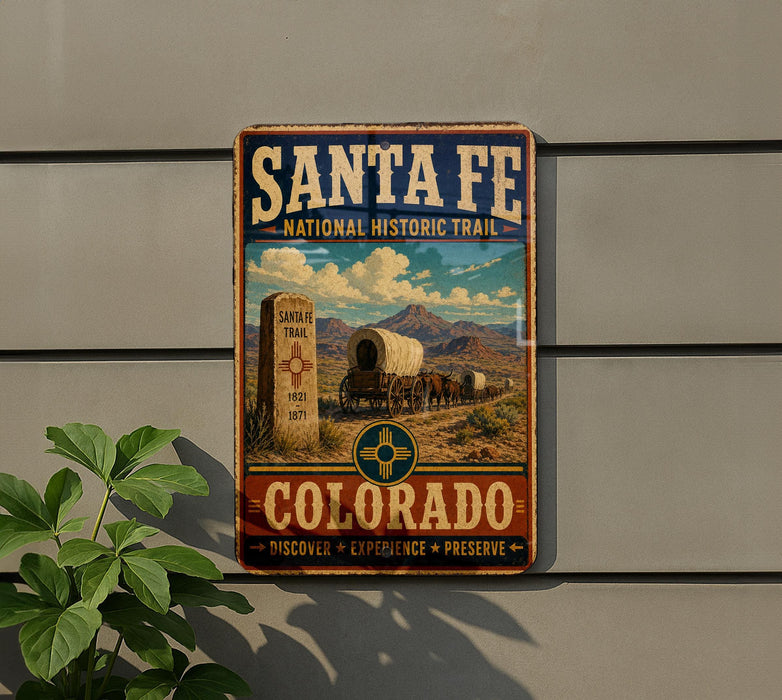 A vintage-style metal sign for the Santa Fe National Historic Trail in Colorado, featuring a wagon train and mountains in the background.