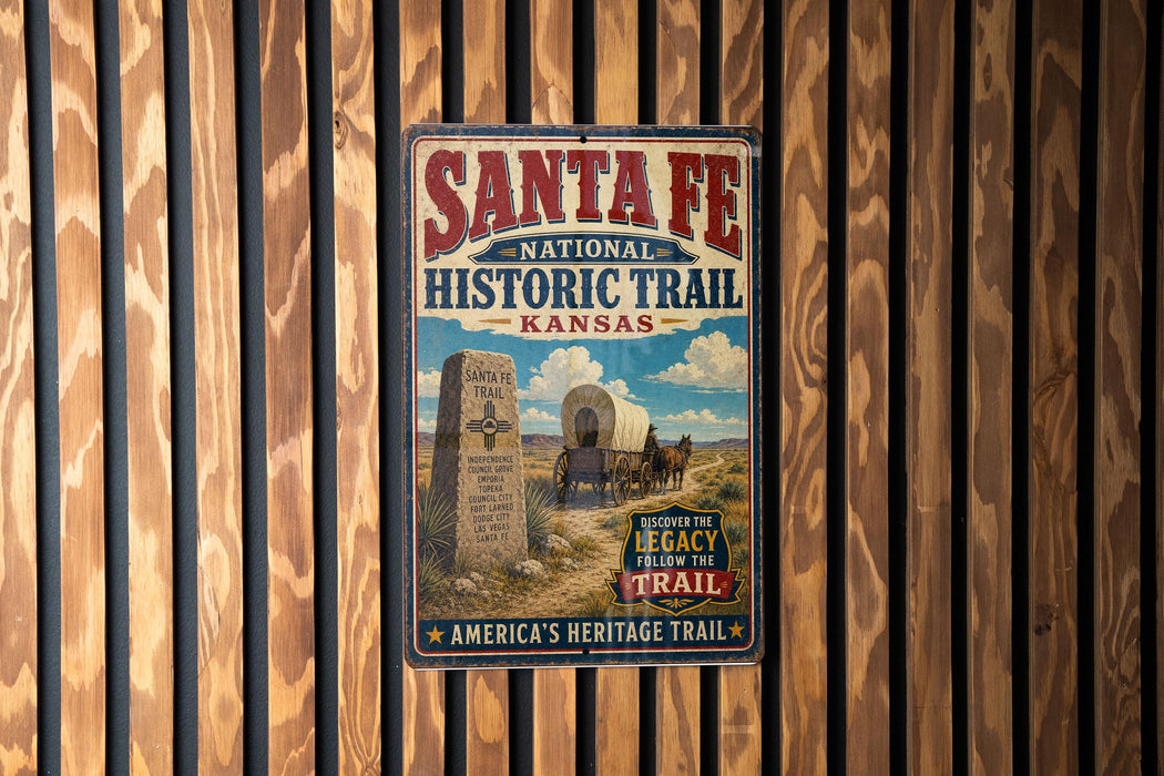 a vintage-style sign for the Santa Fe National Historic Trail in Kansas, with a wagon and a monument depicted on the sign.