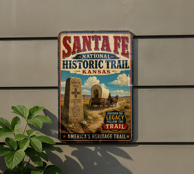 a vintage-style sign for the Santa Fe National Historic Trail in Kansas, depicting a wagon train crossing a river and a monument.