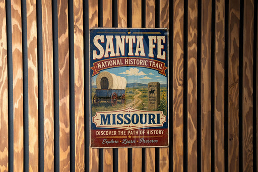 A vintage-style sign for the Santa Fe National Historic Trail in Missouri, featuring an illustration of a wagon and a sign that says "Missouri".