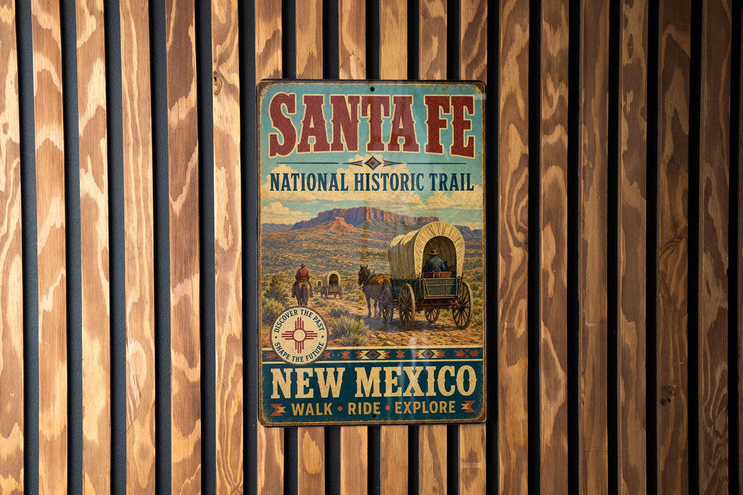 A vintage-style metal sign for the Santa Fe National Historic Trail in New Mexico, featuring a wagon train and a scenic desert landscape.