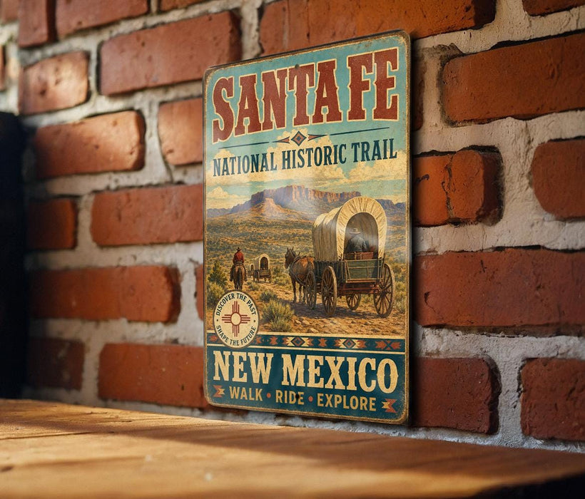 A vintage-style metal sign for the Santa Fe National Historic Trail in New Mexico, featuring an illustration of a covered wagon and a cowboy on horseback.