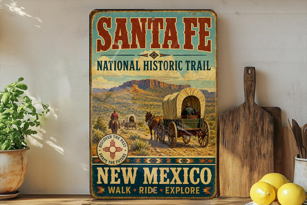 a vintage-style sign for the Santa Fe National Historic Trail in New Mexico, with a wagon train depicted on the sign.