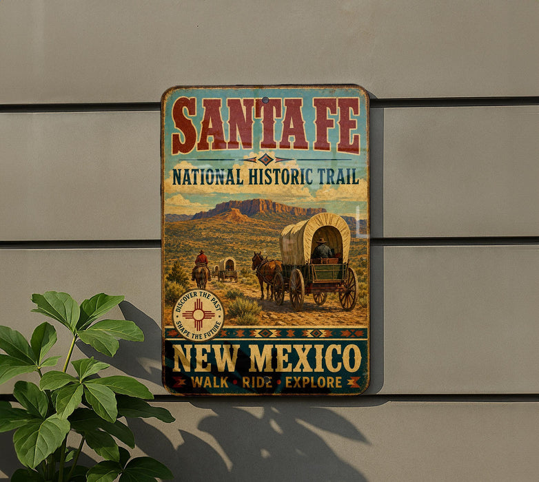 A vintage-style sign for the Santa Fe National Historic Trail in New Mexico, featuring a wagon train and a desert landscape.