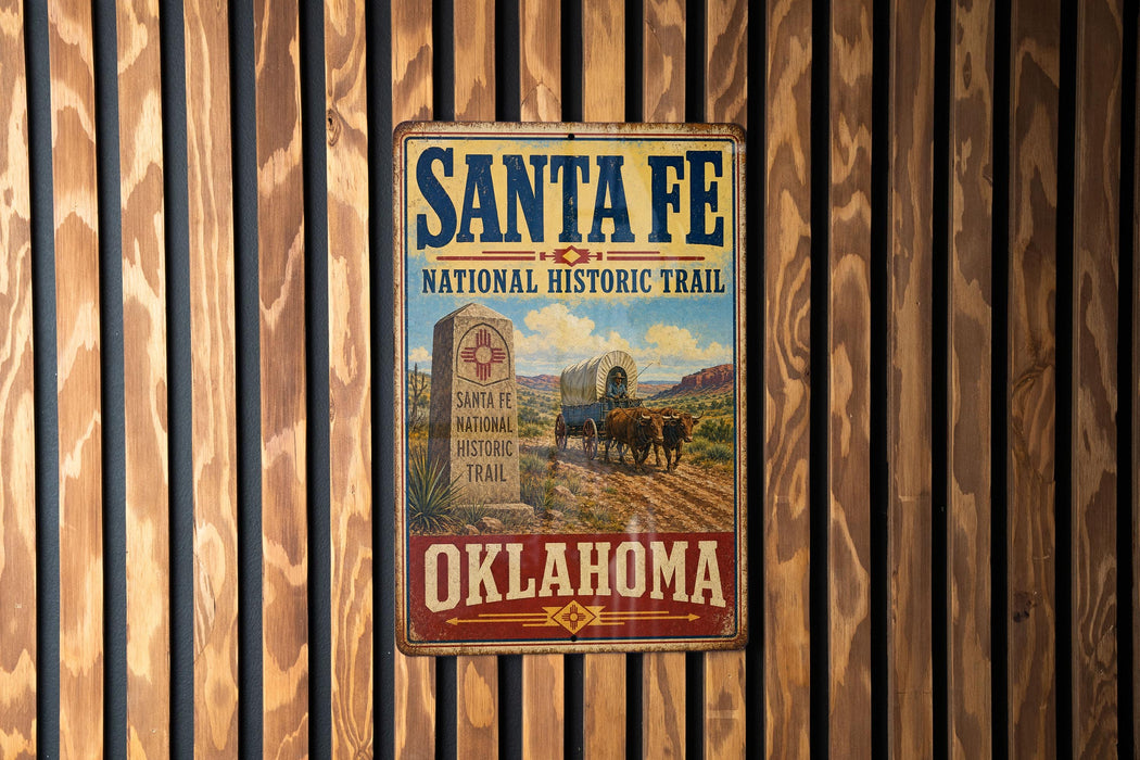 A vintage-style metal sign for Santa Fe National Historic Trail in Oklahoma, featuring a wagon and a monument, mounted on a wooden wall.