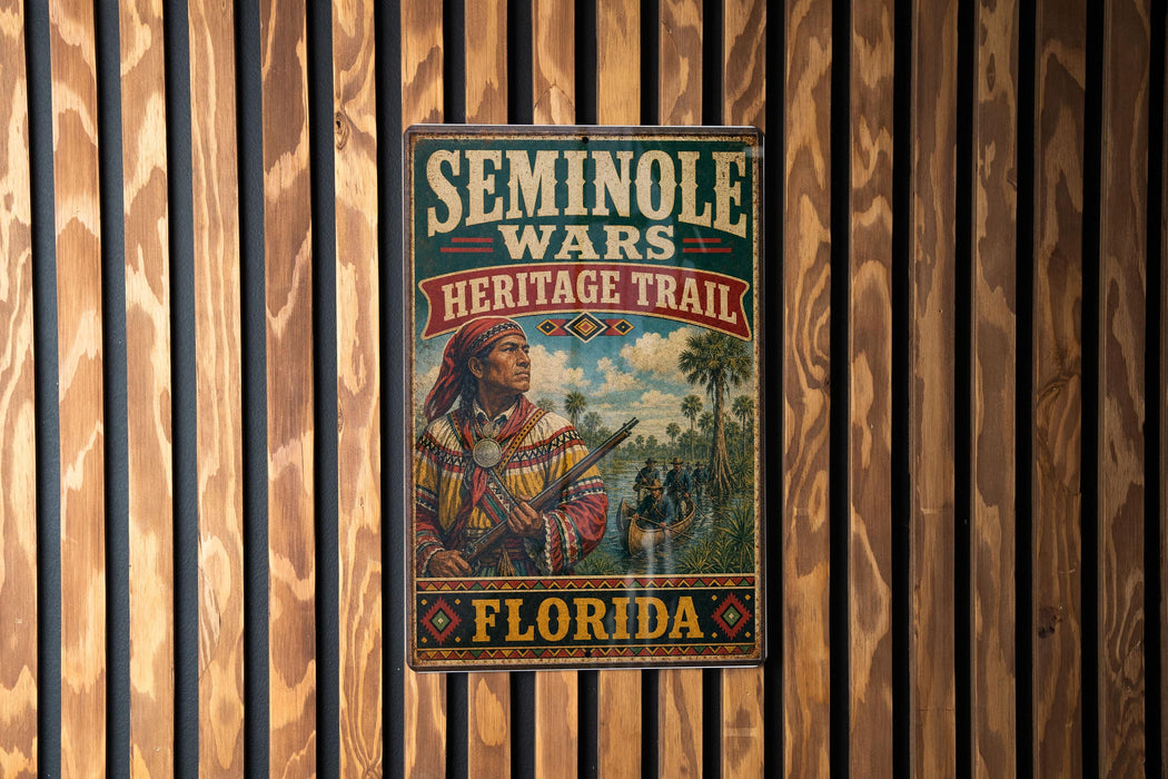 A metal sign with the text "SEMINOLLE WARS HERITAGE TRAIL" and "FLORIDA" printed on it, hanging on a wooden wall.