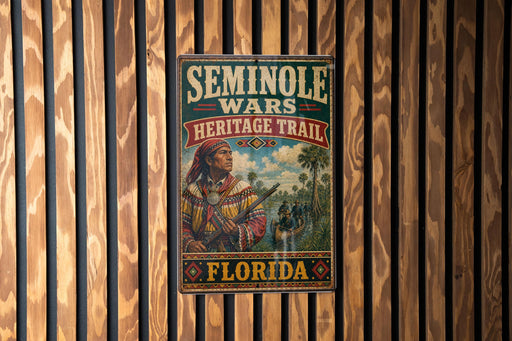 A metal sign with the text "SEMINOLLE WARS HERITAGE TRAIL" and "FLORIDA" printed on it, hanging on a wooden wall.