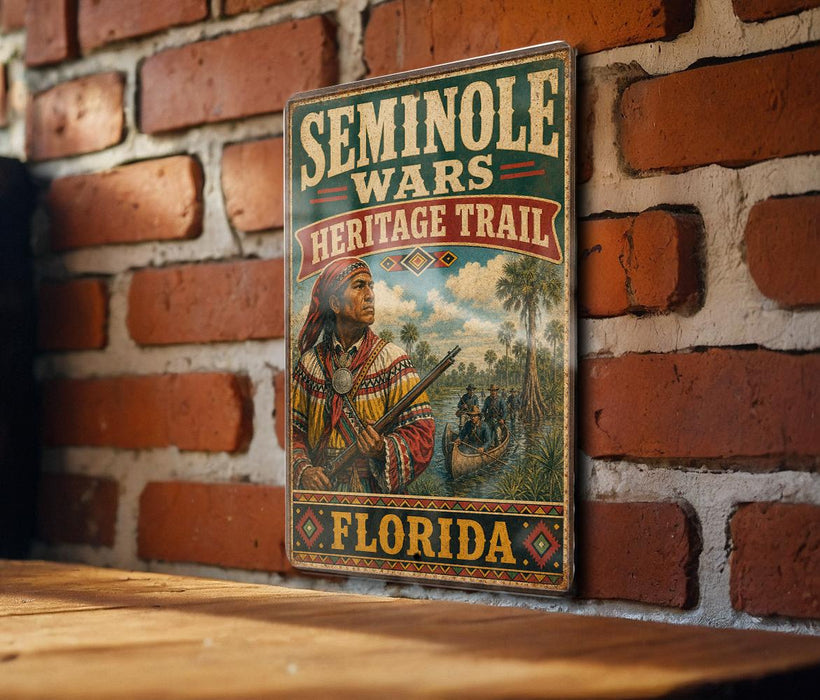 A vintage metal sign for the Seminole Wars Heritage Trail in Florida, featuring an illustration of a Native American man in traditional clothing and a canoe.