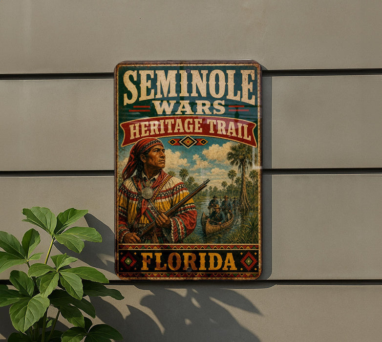 A vintage metal sign with the text "SEMINOLLE WARS HERITAGE TRAIL" and an illustration of a Native American man in traditional clothing, along with the text "FLORIDA" at the bottom.