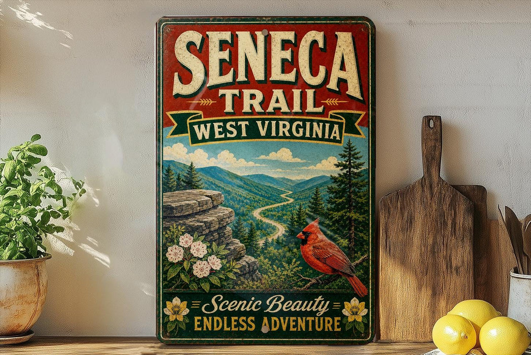a vintage-style sign for the Seneca Trail in West Virginia, with a scenic mountain landscape and a red cardinal bird. The sign is displayed on a shelf, surrounded by various kitchen items such as a cutting board, a lemon, and a potted plant.
