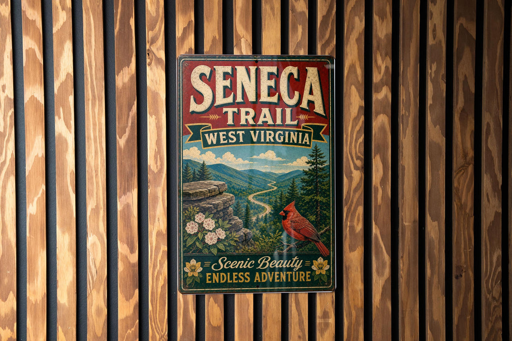 A vintage-style metal sign for the Seneca Trail in West Virginia, featuring a red bird, flowers, and a mountain landscape.