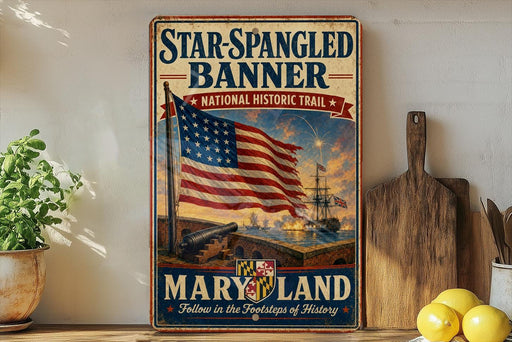 a vintage-style metal sign with an American flag and a ship, displayed on a shelf next to a wooden cutting board and some lemons.