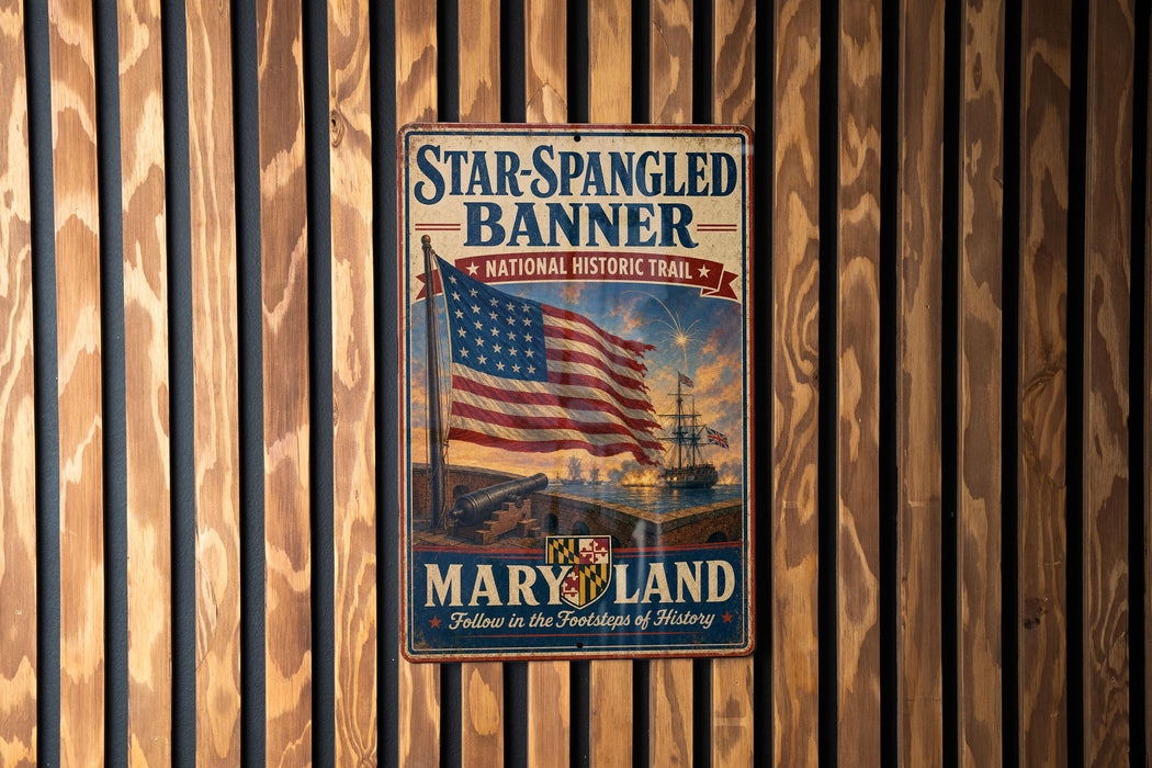 A vintage metal sign with the text "Star-Spangled Banner" and "National Historic Trail" hangs on a wooden wall.