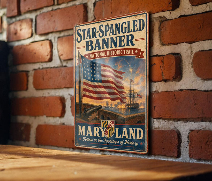 A vintage-style metal sign with the text "Star-Spangled Banner" and "National Historic Trail" is displayed on a brick wall.