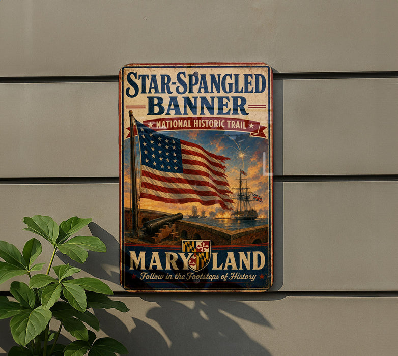 A vintage metal sign with the text "Star-Spangled Banner" and "National Historic Trail" is displayed on a gray wall, featuring an American flag and a ship.
