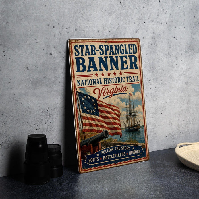 a vintage-style metal sign with an American flag and a ship, placed on a gray surface next to some black camera lenses.