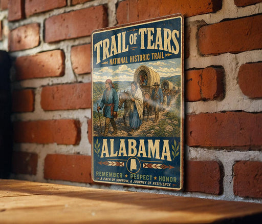 A vintage-style metal sign for the Trail of Tears, a historic trail in Alabama, mounted on a brick wall.