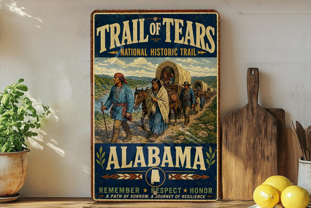 A vintage-style sign for the Trail of Tears, featuring a wagon train traveling through a rural landscape, with the text "Trail of Tears" and "National Historic Trail" prominently displayed.