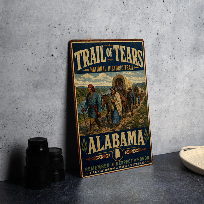 a vintage metal sign with a historical illustration of people traveling in wagons, set against a backdrop of a rural landscape.