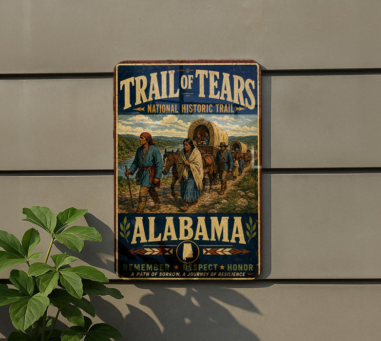 A vintage-style metal sign for the Trail of Tears, featuring a wagon train traveling through a scenic landscape in Alabama.