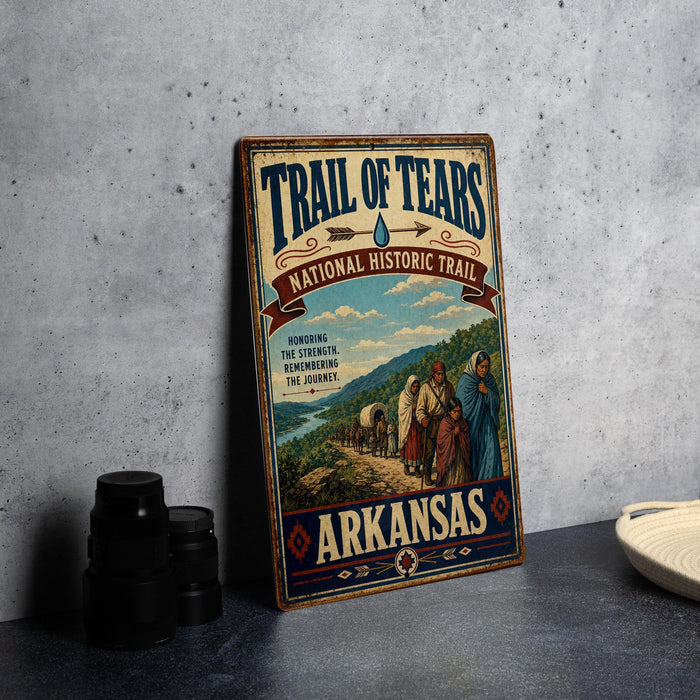 A vintage-style sign for the Trail of Tears National Historic Trail in Arkansas, featuring an illustration of people traveling down a path through a scenic landscape.