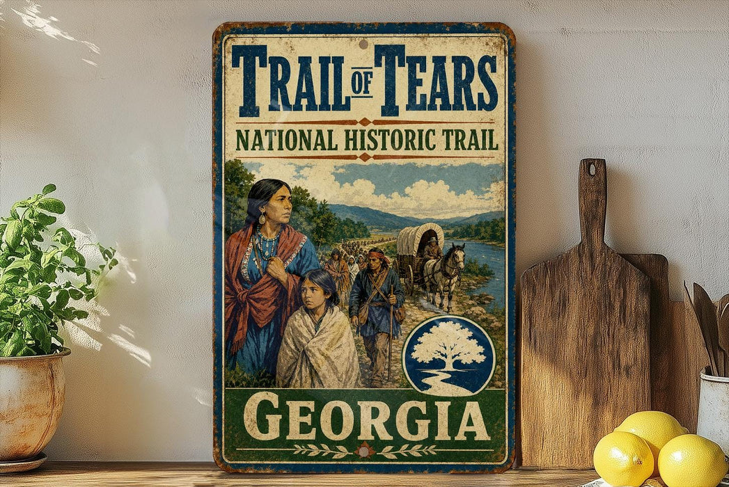 A vintage-style metal sign for the Trail of Tears National Historic Trail in Georgia, featuring an illustration of a group of people on a wagon train crossing a river.