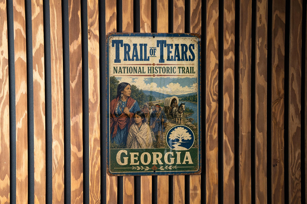 A vintage metal sign for the Trail of Tears National Historic Trail in Georgia, featuring an illustration of a group of people on a wagon train crossing a river.
