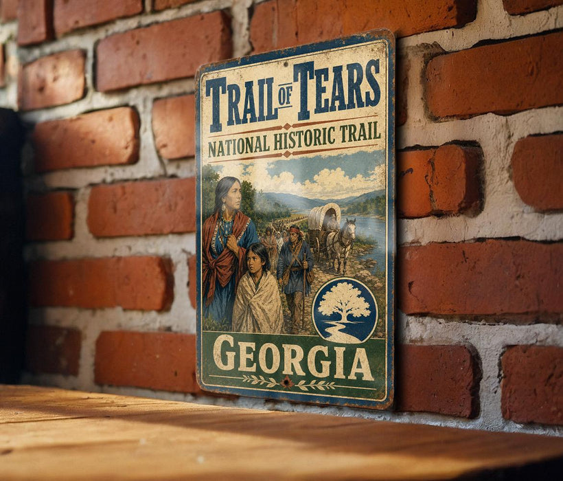 A vintage metal sign for the Trail of Tears National Historic Trail in Georgia, featuring an illustration of a group of people on a dirt road.