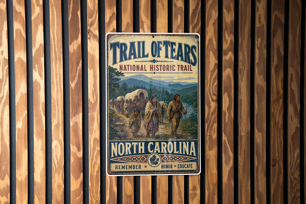 A vintage-style metal sign for the Trail of Tears National Historic Trail, featuring a historical illustration of a group of people crossing a river.