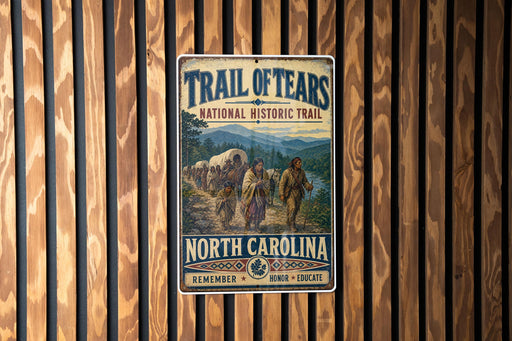 A vintage-style metal sign for the Trail of Tears National Historic Trail, featuring a historical illustration of a group of people crossing a river.