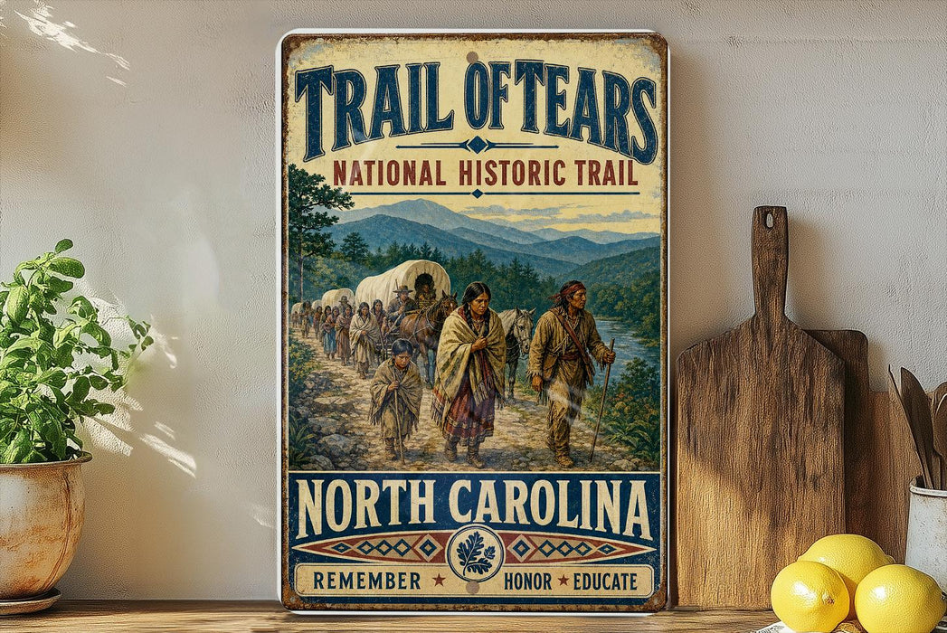a vintage-style metal sign with a painting of a group of people traveling on a wagon, set against a scenic landscape. The sign is titled "Trail of Tears" and is located in North Carolina.