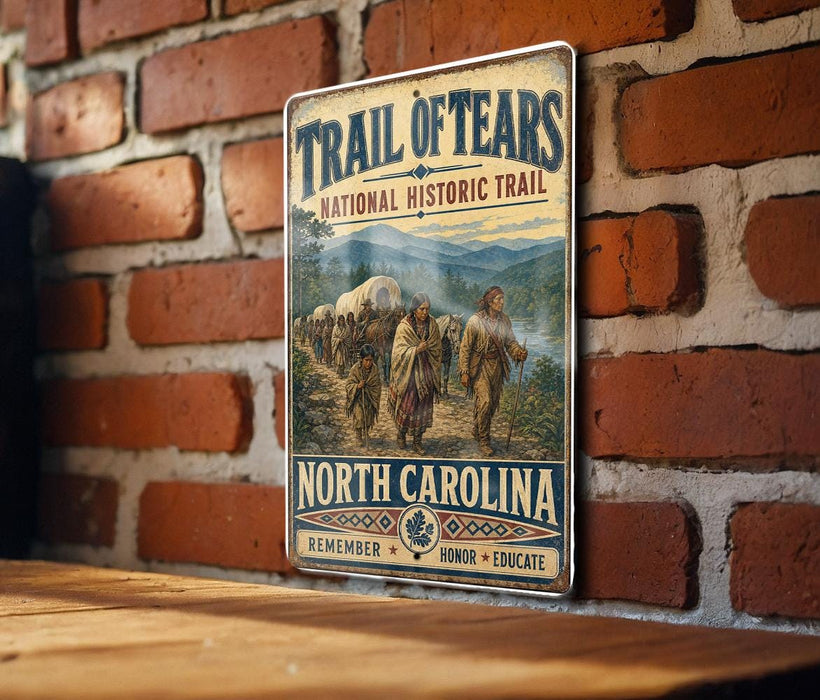 A vintage-style metal sign for the Trail of Tears National Historic Trail, featuring a historical illustration of a group of people traveling through a mountainous landscape.