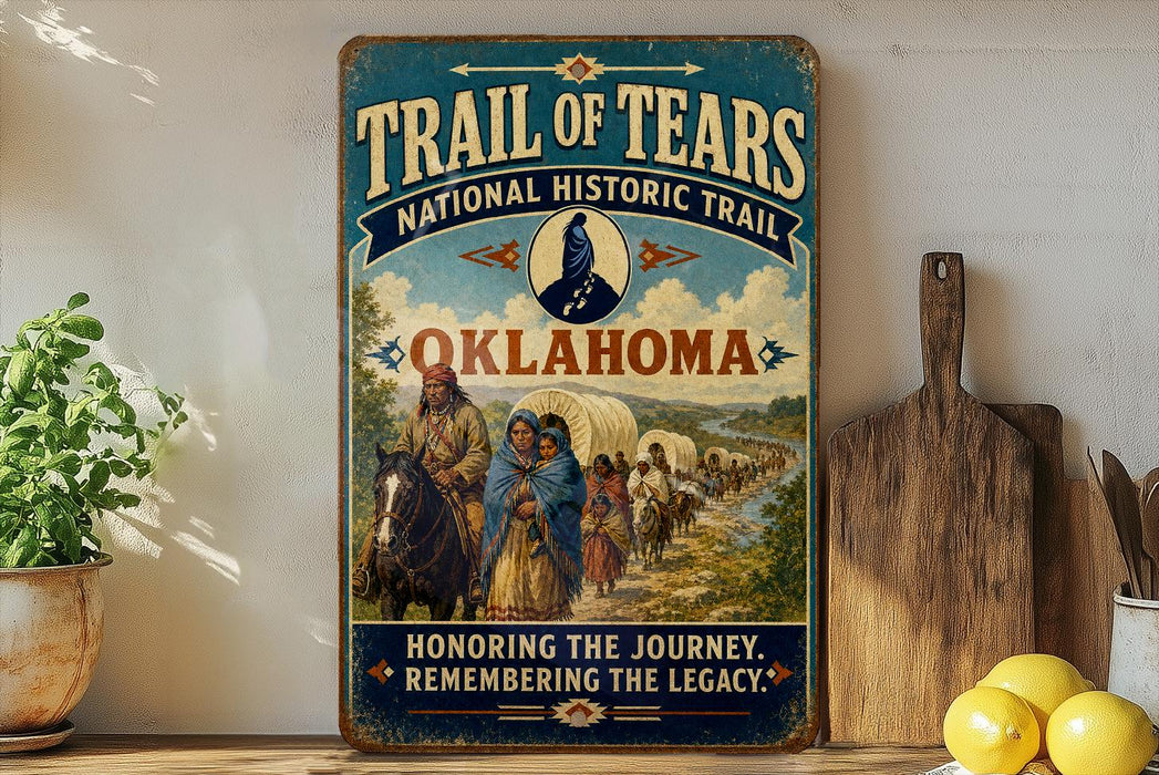 a vintage trail sign for the Trail of Tears, which is a significant historical event in Oklahoma. The sign is displayed on a wooden shelf, surrounded by various kitchen utensils and a potted plant.