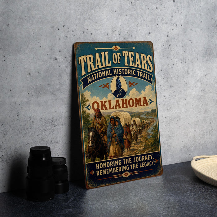 a vintage-style metal sign with a colorful illustration of a wagon train traveling through a scenic landscape, accompanied by text that reads "Trail of Tears" and "OKLAHOMA".