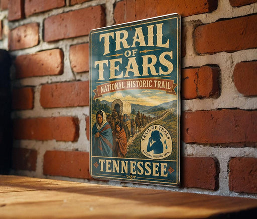 A vintage-style metal sign for the Trail of Tears, a historic trail in Tennessee, is displayed on a brick wall.
