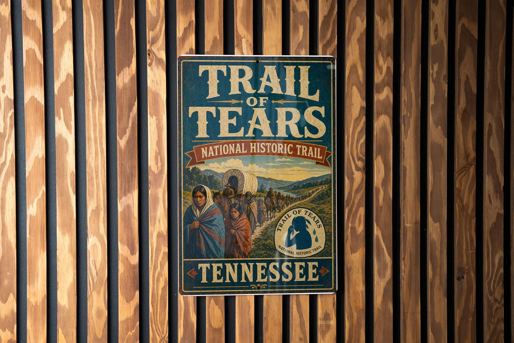 A vintage trail sign for the Trail of Tears, which is a National Historic Trail in Tennessee.