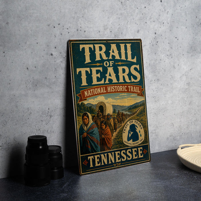 A vintage-style metal sign for the Trail of Tears, a historic event in Tennessee, featuring a wagon train and people in traditional clothing.